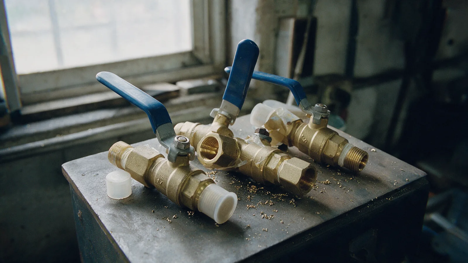 Three brass terminal-side valve assemblies with blue lever handles on a bench