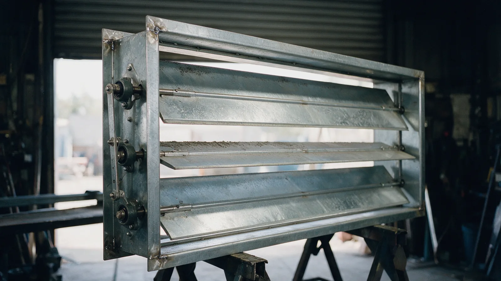 Large multi-blade industrial damper on trestles with its drive linkage along one side