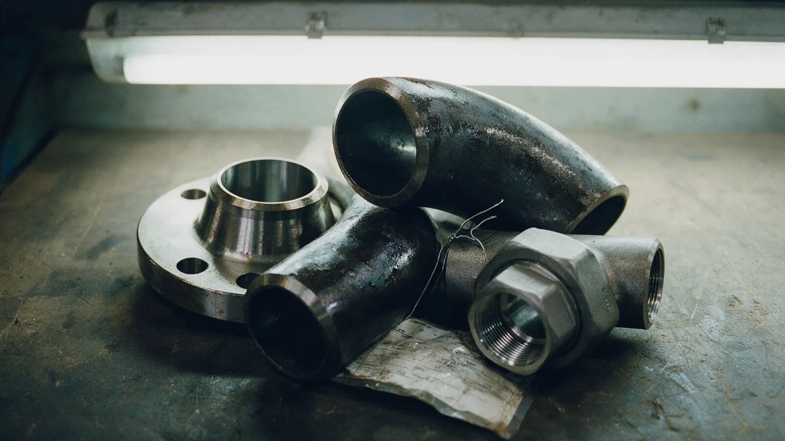 Carbon-steel and stainless pipeline fittings tipped out on a goods-in bench