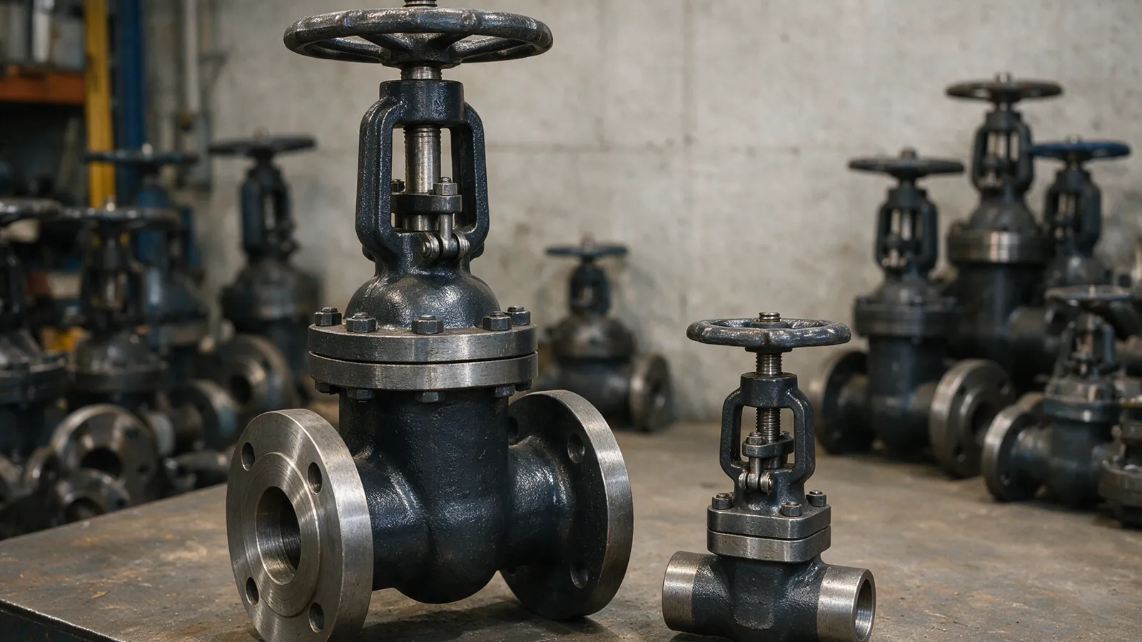 A large flanged gate valve with a bolted bonnet, outside screw and yoke and a cast handwheel on a steel workbench, beside a much smaller compact socket weld gate valve