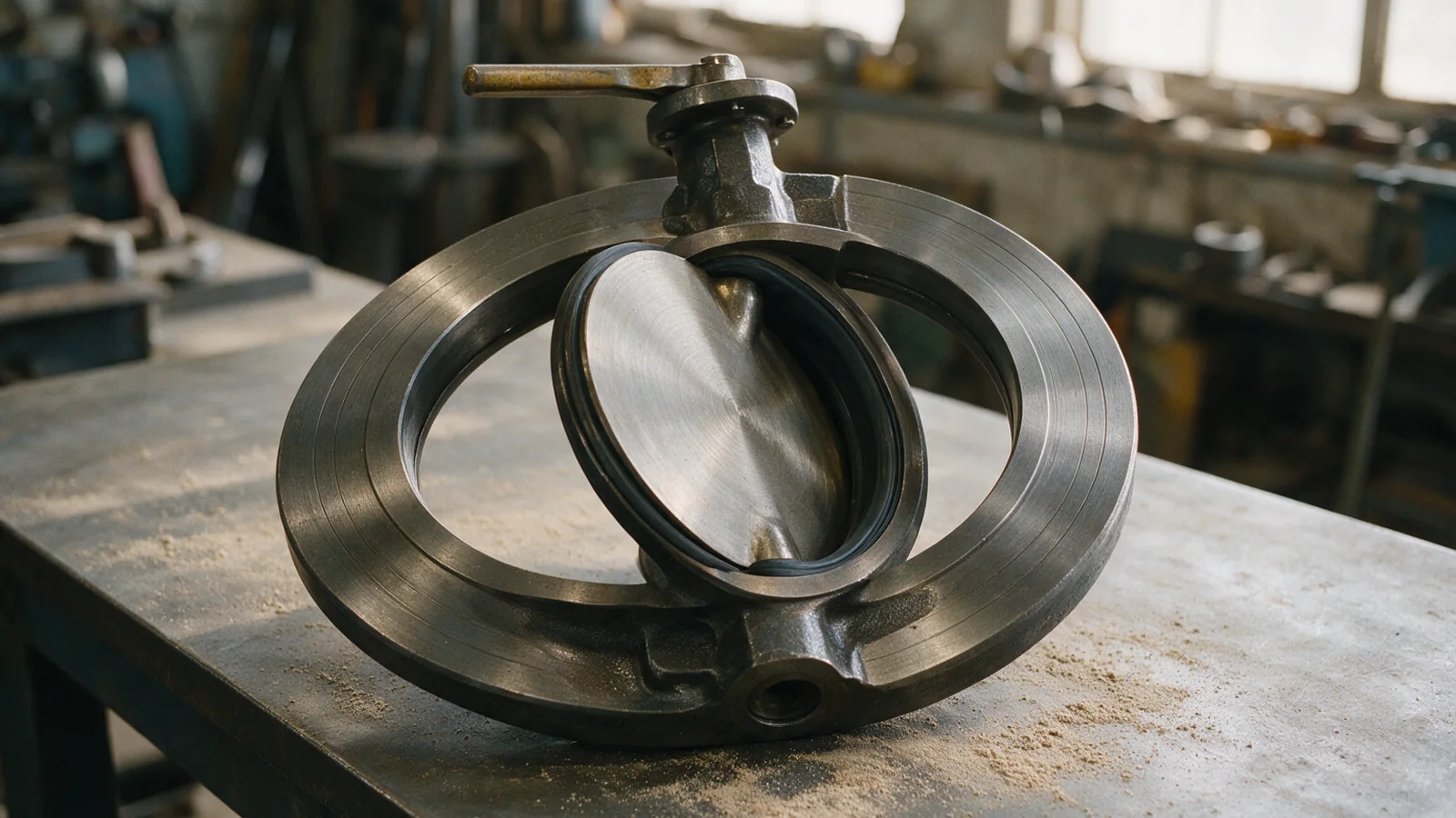 A wafer body butterfly valve with the disc part open and the seat ring visible. Illustrative image, not a photograph of stock or of any real event.