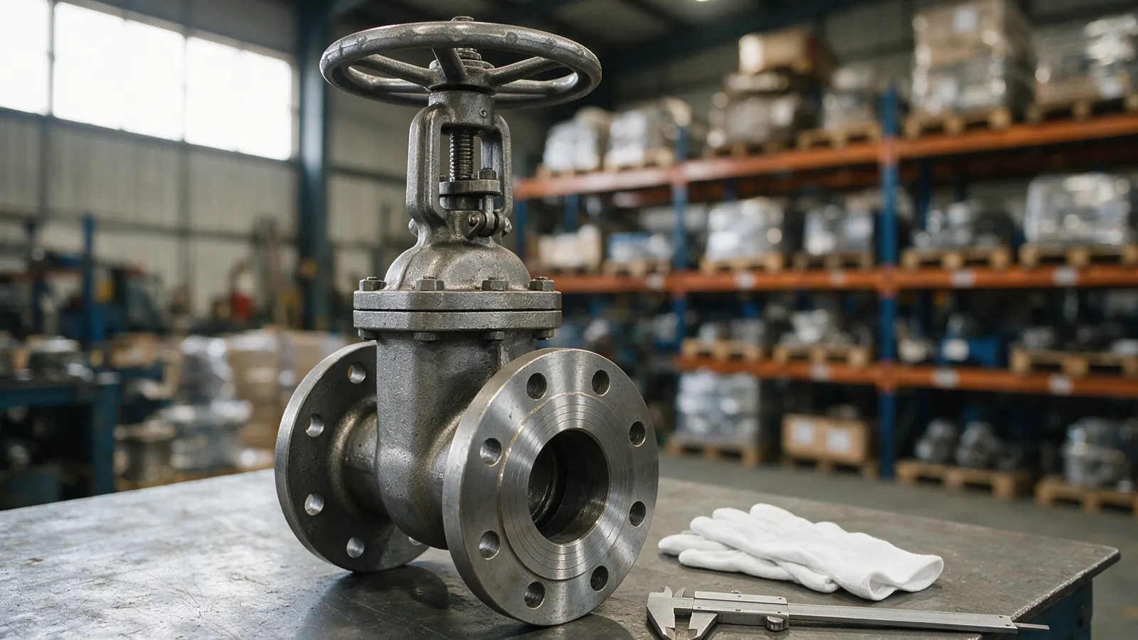 A flanged valve on an inspection bench, its body deliberately unmarked. Illustrative image, not a photograph of stock, of a marked valve or of any real event.