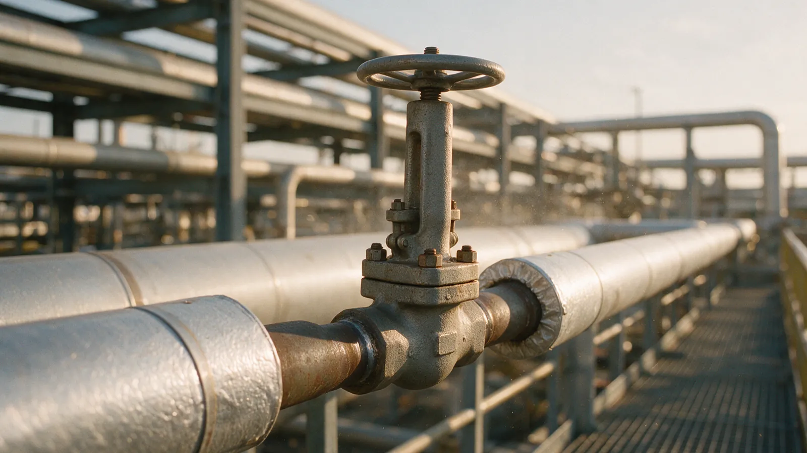 A small forged steel globe valve with a tall bonnet and a round handwheel on an insulated process line