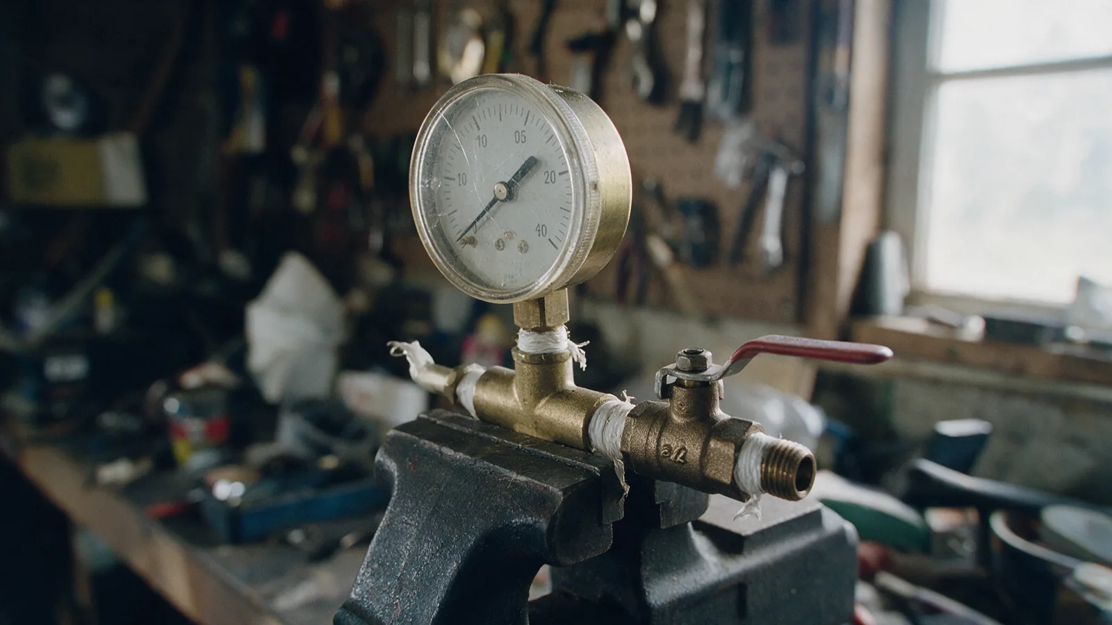 Pressure gauge and small globe valve on a dark test manifold