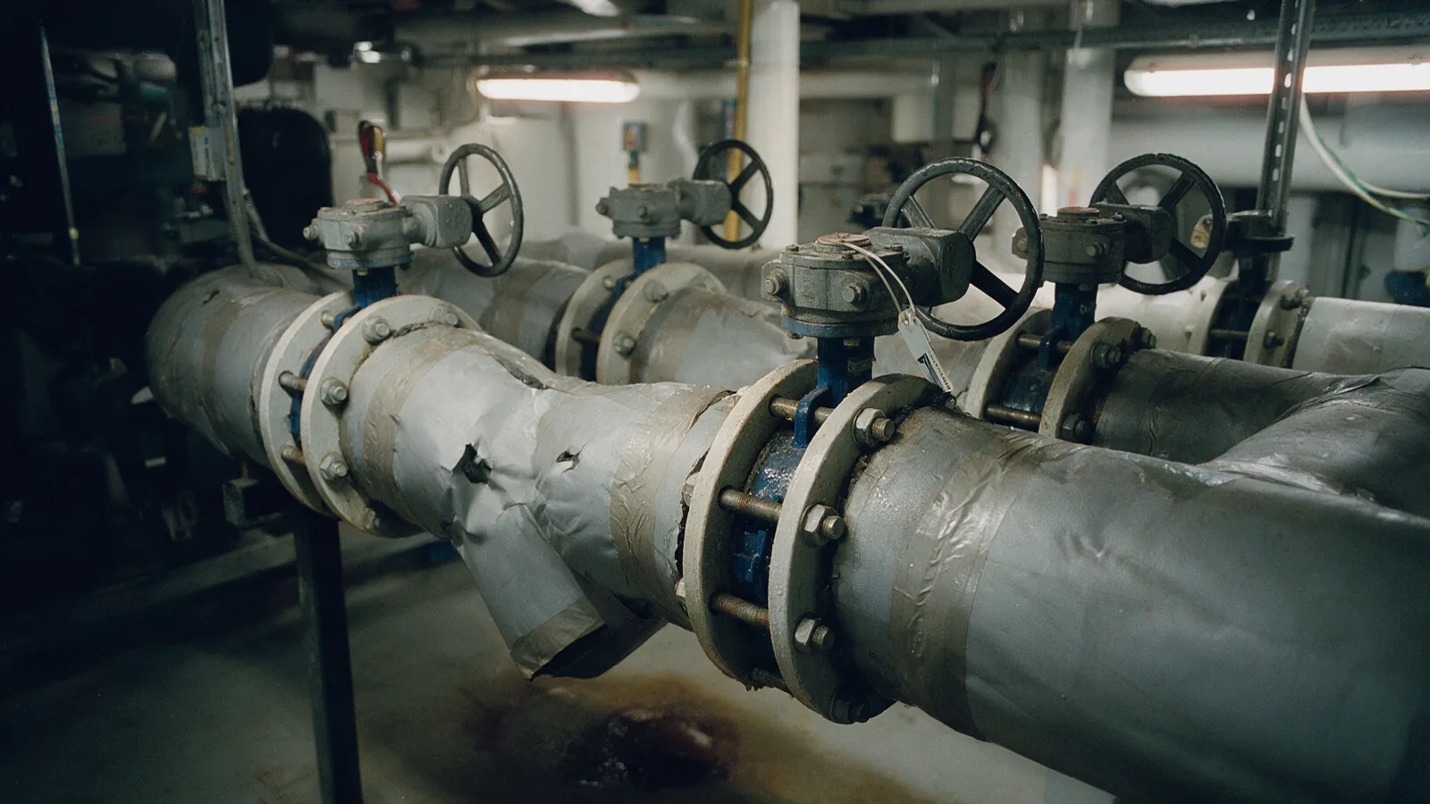 Insulated chilled-water headers with gear-operated butterfly valves in a plant room
