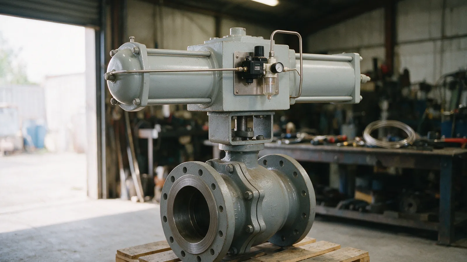 Flanged ball valve with a spring-return pneumatic actuator, solenoid valve and filter regulator on a pallet