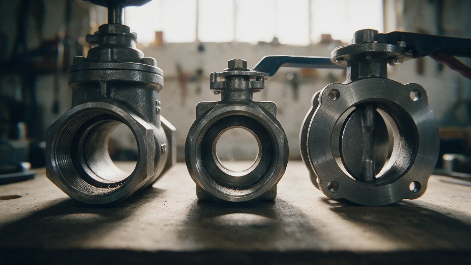 Looking straight through the open bores of gate, ball and butterfly valves