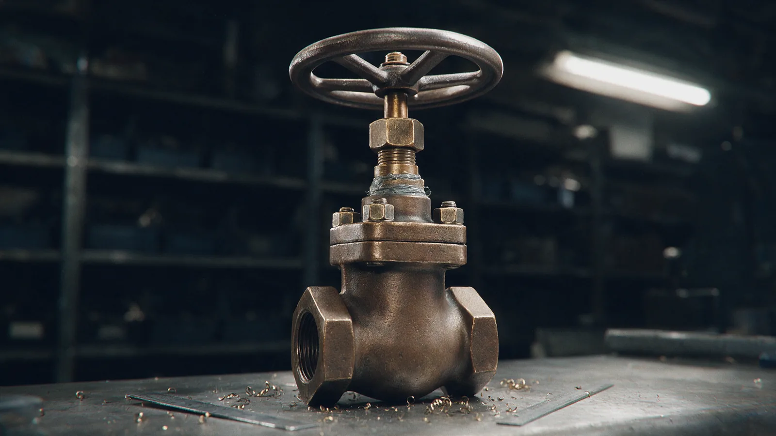 Handwheel, stem and gland of a bronze gate valve on a stores counter, seen from behind