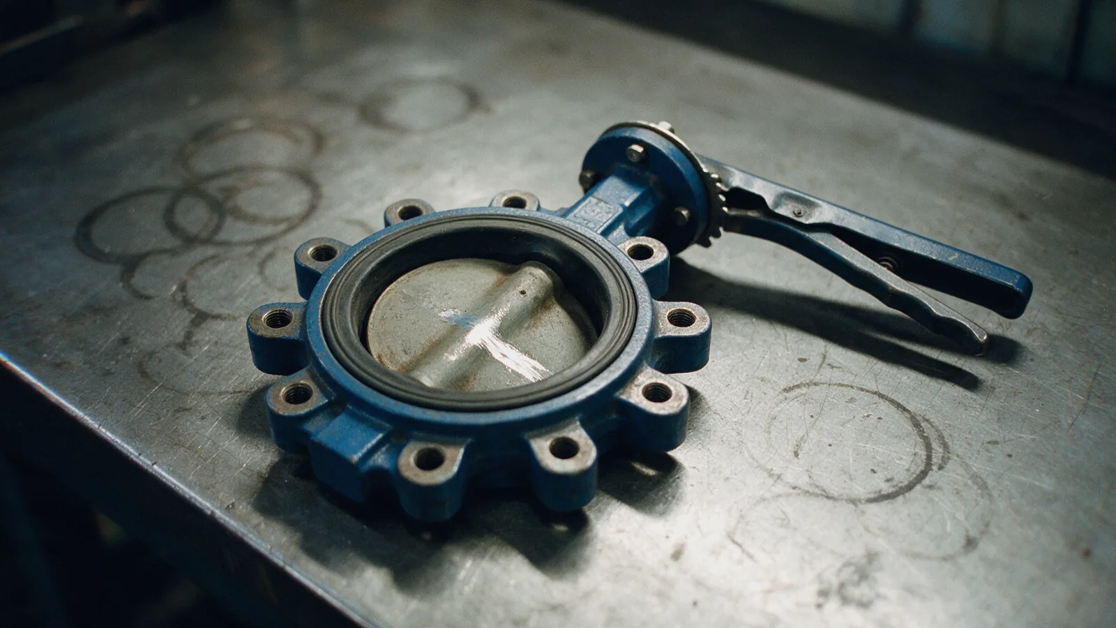 Lug-pattern butterfly valve with a lever handle lying on a steel bench