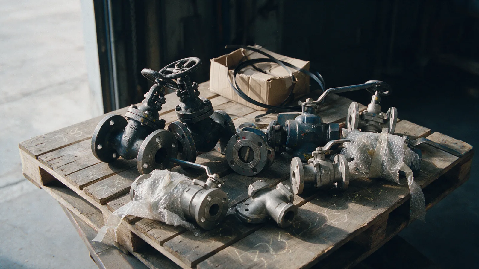 Nine families of valve set down on a timber pallet in a goods-in bay, some still part-wrapped