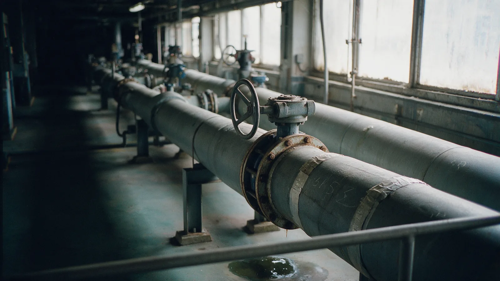 Insulated chilled-water mains inside a district-cooling plant room with a gear-operated butterfly valve