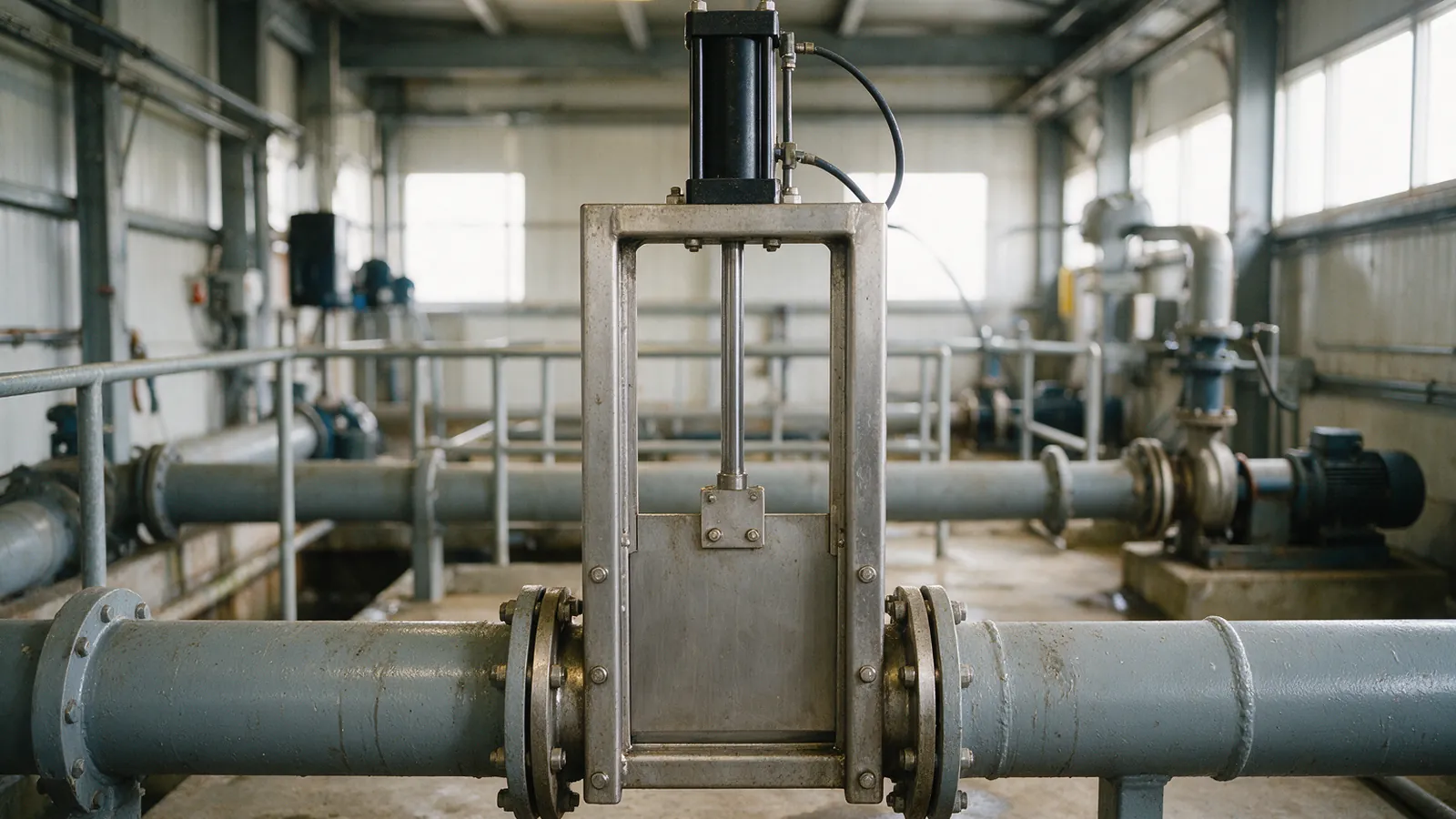 A stainless steel knife gate valve with a tall yoke and a black pneumatic cylinder on top, fitted between two grey flanged pipes in a wastewater pump gallery