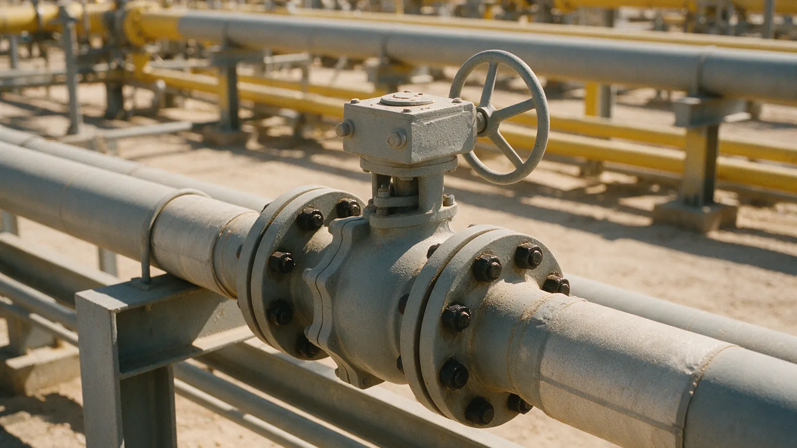A grey flanged ball valve with a gearbox and handwheel bolted into a pipe run on a steel rack, with yellow and grey pipework and sandy ground behind it in bright sun