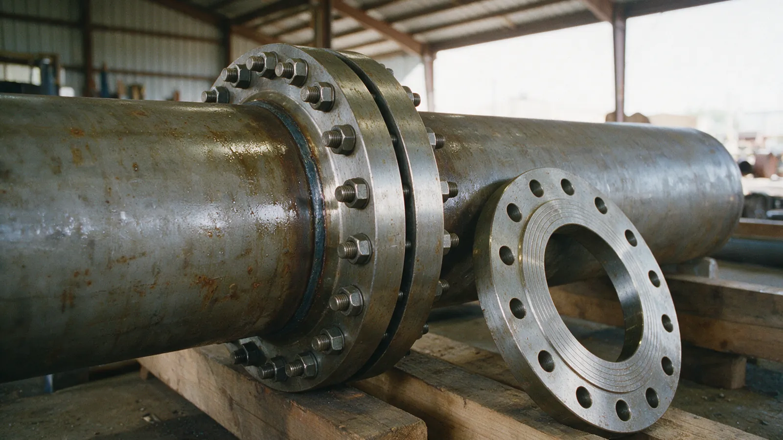 Two heavy steel pipe flanges bolted face to face in a pipe spool on timber bearers, a loose flange beside it showing its bolt holes