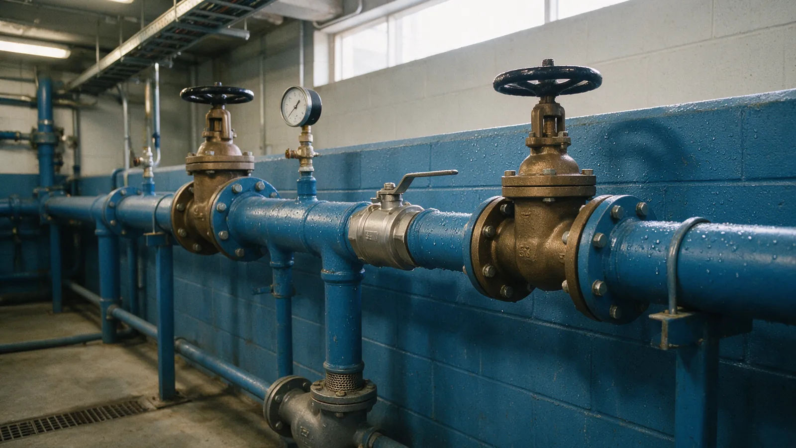 A plant room with blue-painted cold water pipes along a block wall, two bronze flanged gate valves with handwheels, a stainless steel ball valve with a lever, a pressure gauge and a strainer near a floor drain