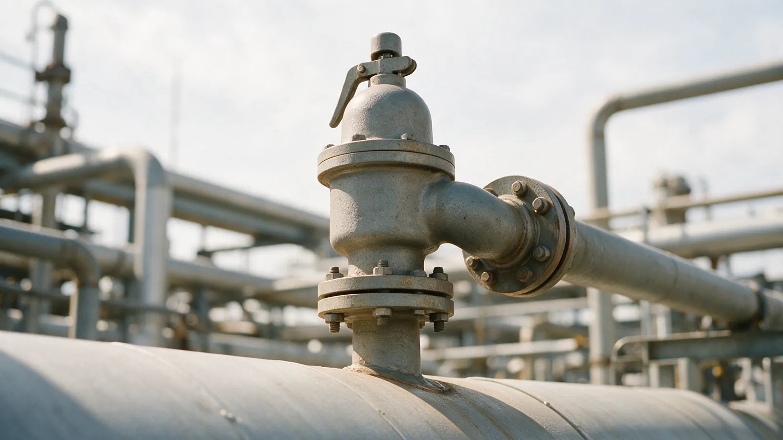 A spring-loaded pressure relief valve standing on a short flanged nozzle on a large insulated vessel, its outlet elbow bolted into a discharge pipe running away along the pipe rack
