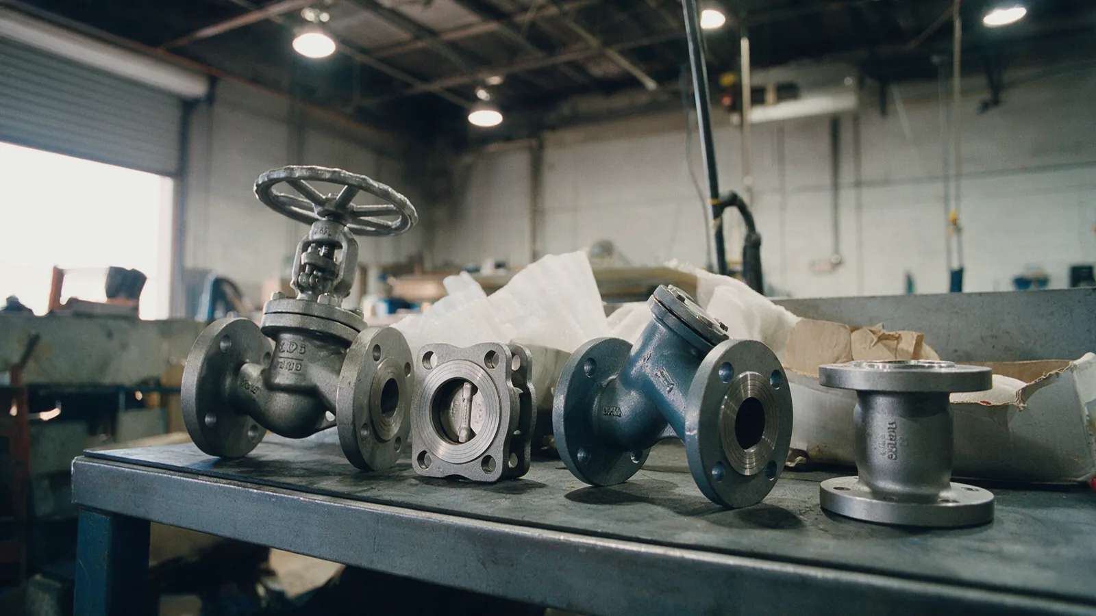 Globe valve, dual-plate check valve, Y-strainer and a flanged coupling in a row on a goods-in bench