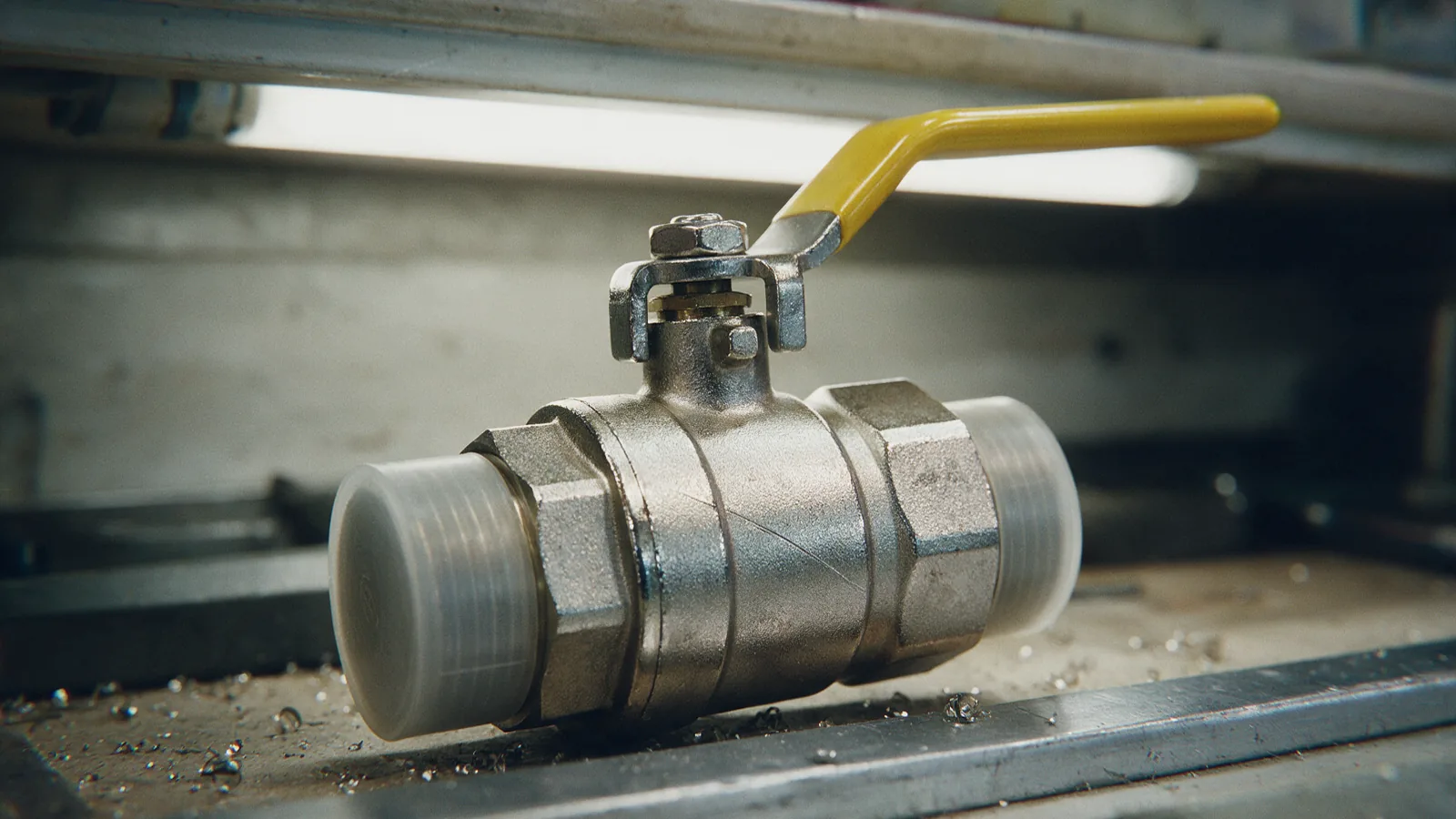 Full-bore brass ball valve with a yellow lever handle on a stores counter