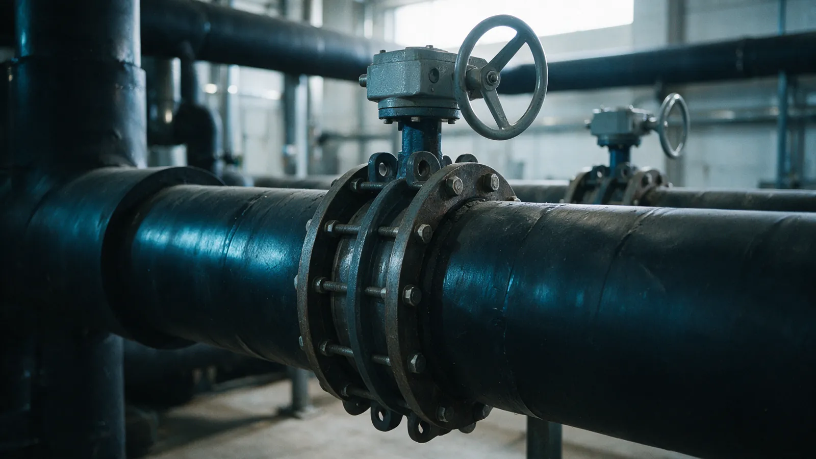 A gear-operated butterfly valve bolted between flanges into a black insulated header pipe in a chilled-water plant room, with a second identical valve further down the line and more pipework behind it