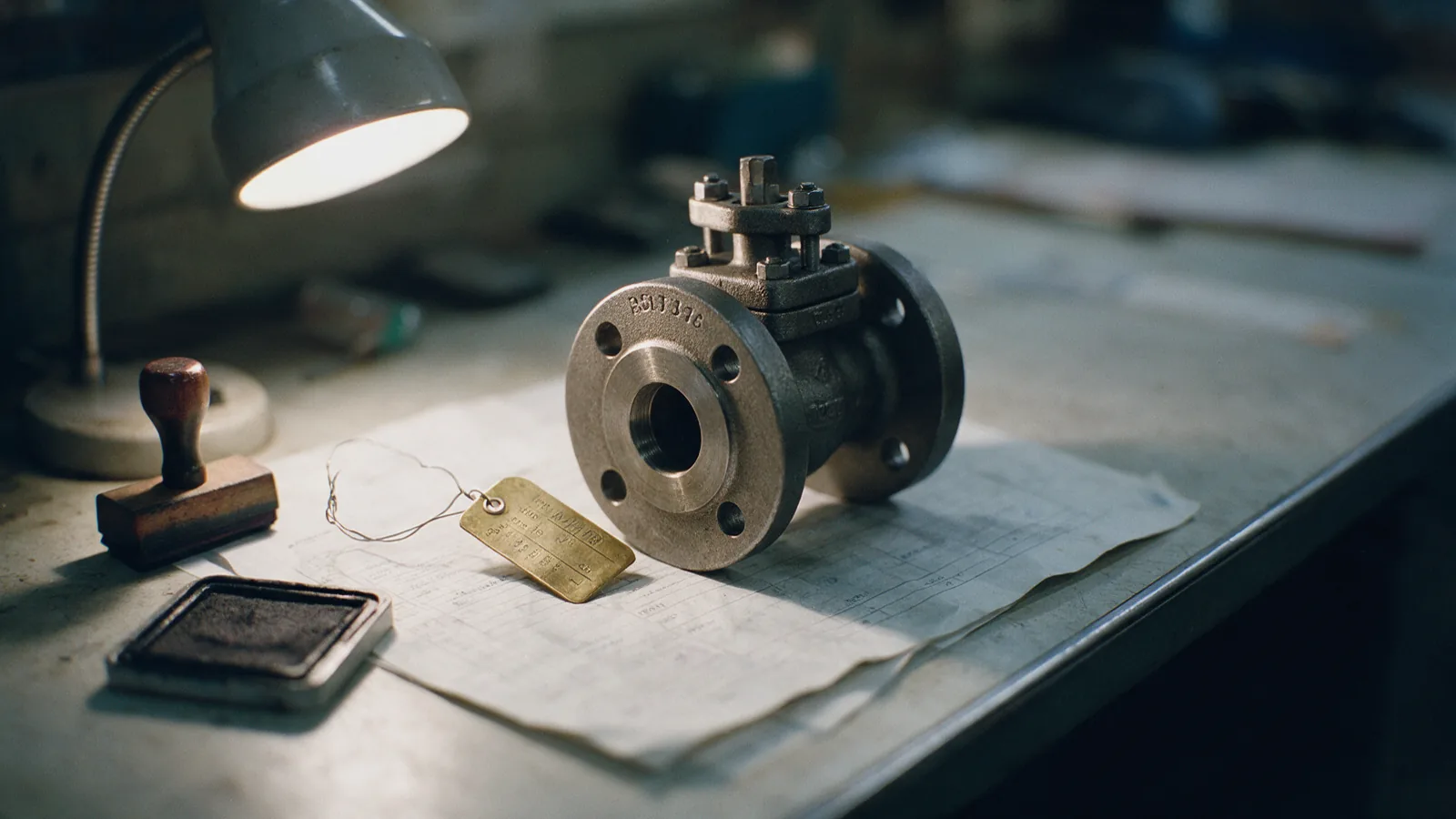 Cast-steel valve body resting on a creased certificate on a stores desk