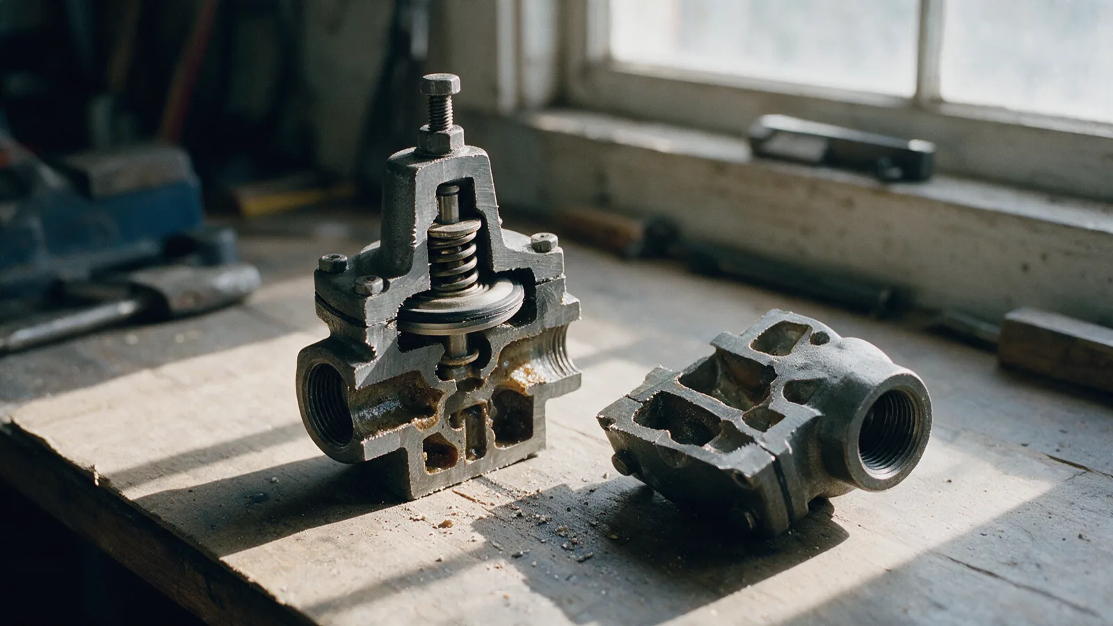 Pilot-operated pressure-reducing valve cut in half beside its offcut