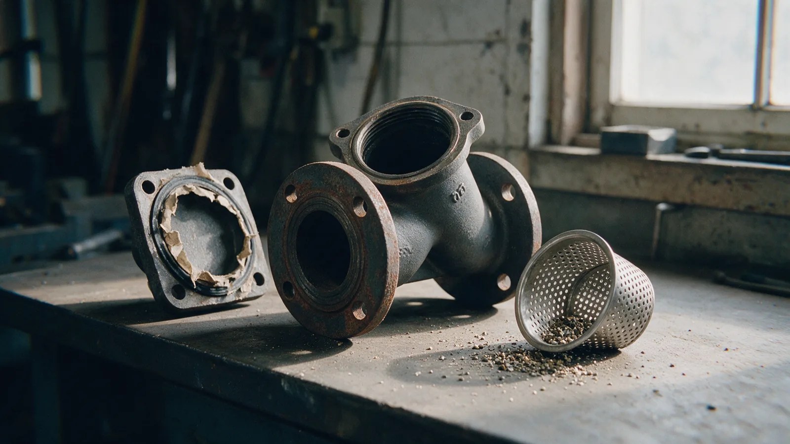 Flanged cast-iron Y-strainer with its cover unbolted and the mesh basket lifted out
