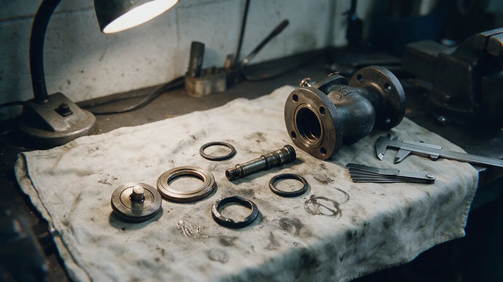Dismantled globe valve parts laid out on a cloth with callipers and a feeler gauge