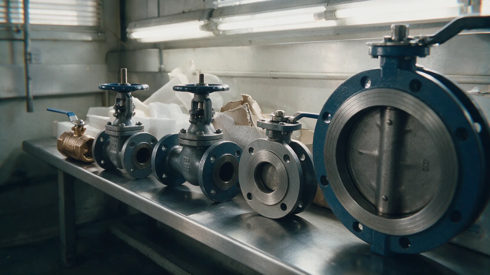 Five valve bodies in ascending size along a steel bench in a goods-in area