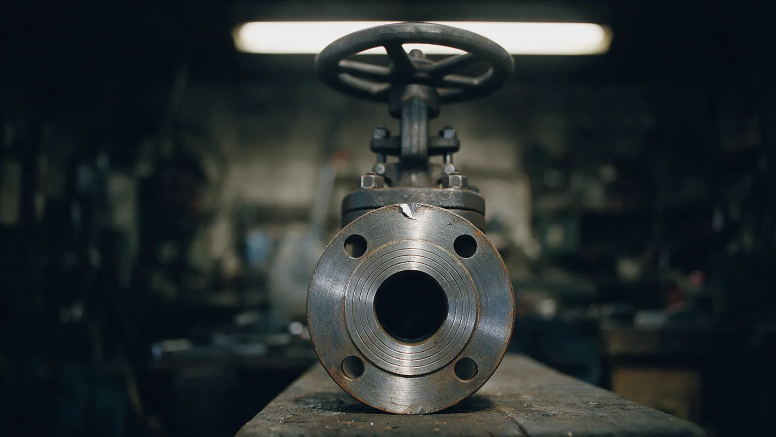 Raised flange face of a cast-steel gate valve with machining grooves and a nick in the rim