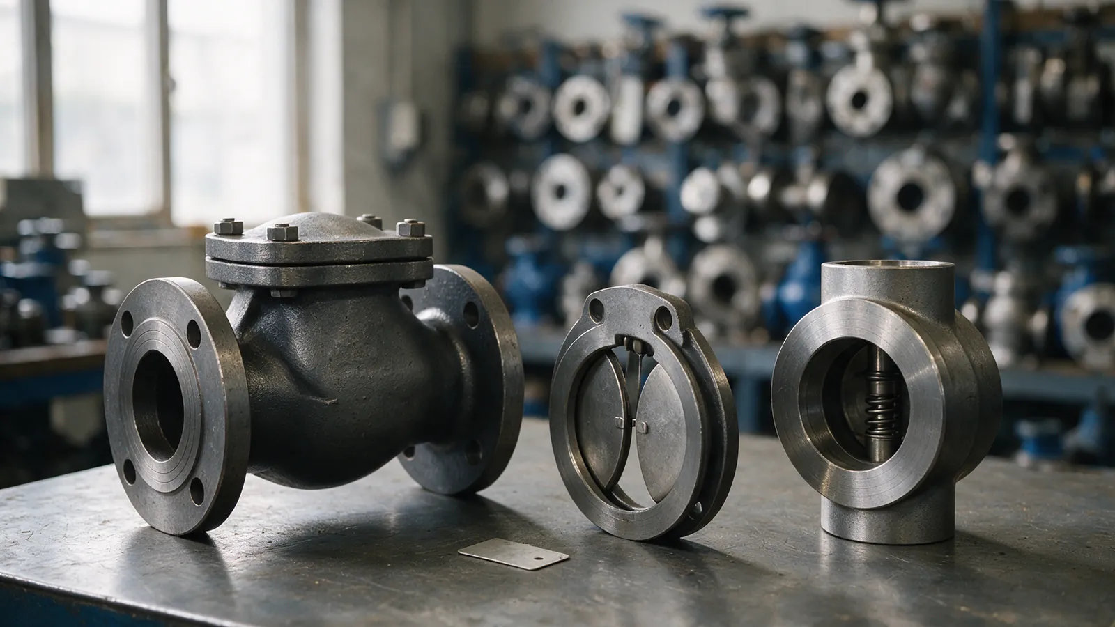 Three check valves side by side on a steel workbench: a flanged swing check valve with a bolted cover, a dual plate wafer check valve standing on edge with its two plates partly open, and an in-line axial check valve with its internal spring visible in the bore